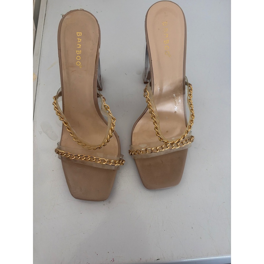 Bamboo Women Nude Clear Block Heel Sandals Gold Chain Square Toe Slide Size 10